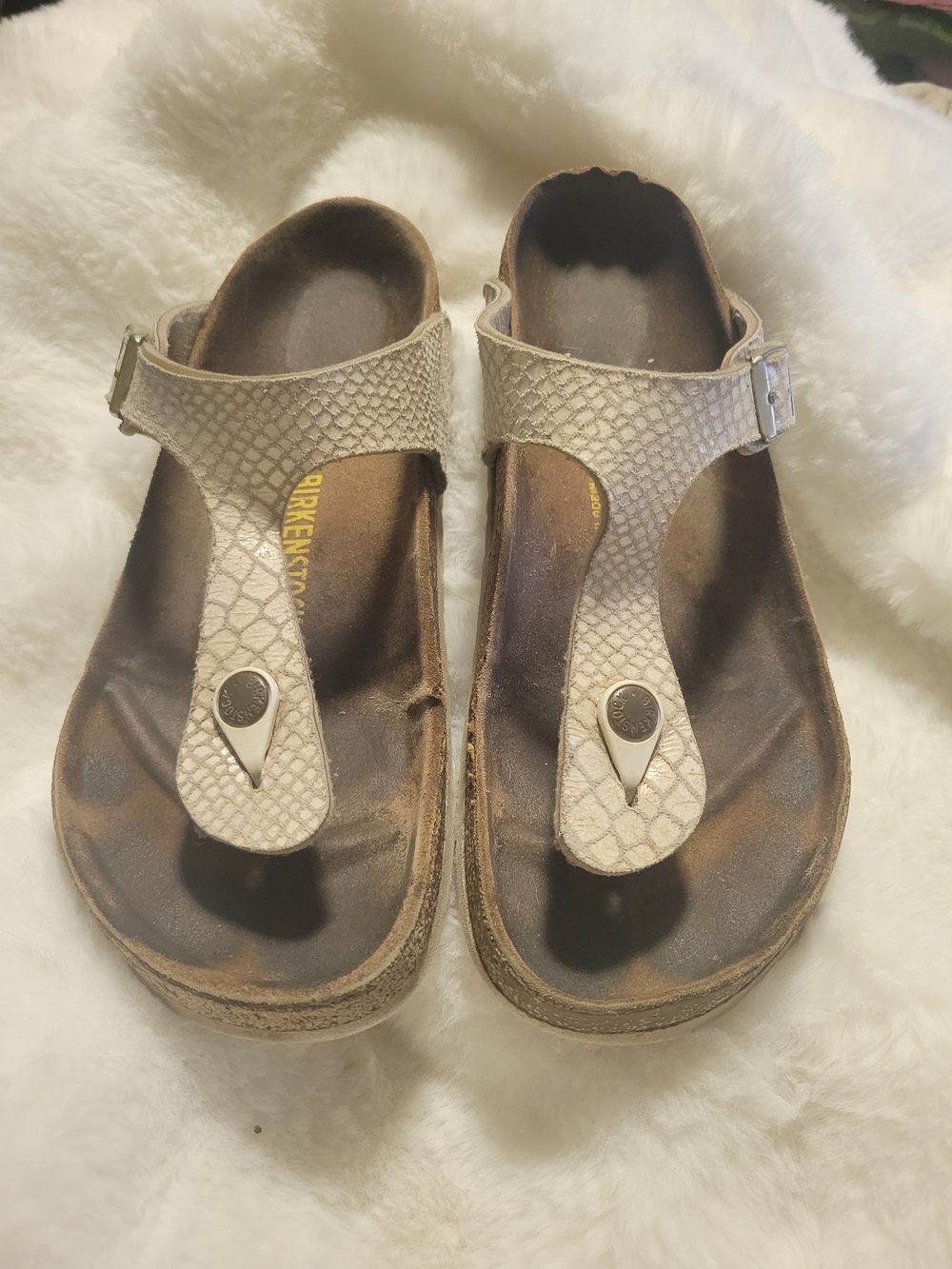 Birkenstock Gizeh Snake-Embossed Thong Sandals in Light Beige